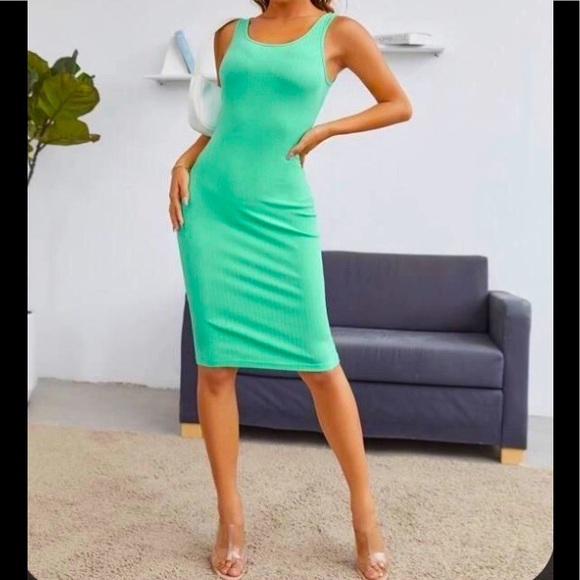 Shein mint ribbed bodycon midi tank dress turquoise sea foam green scoop pencil - Picture 3 of 6